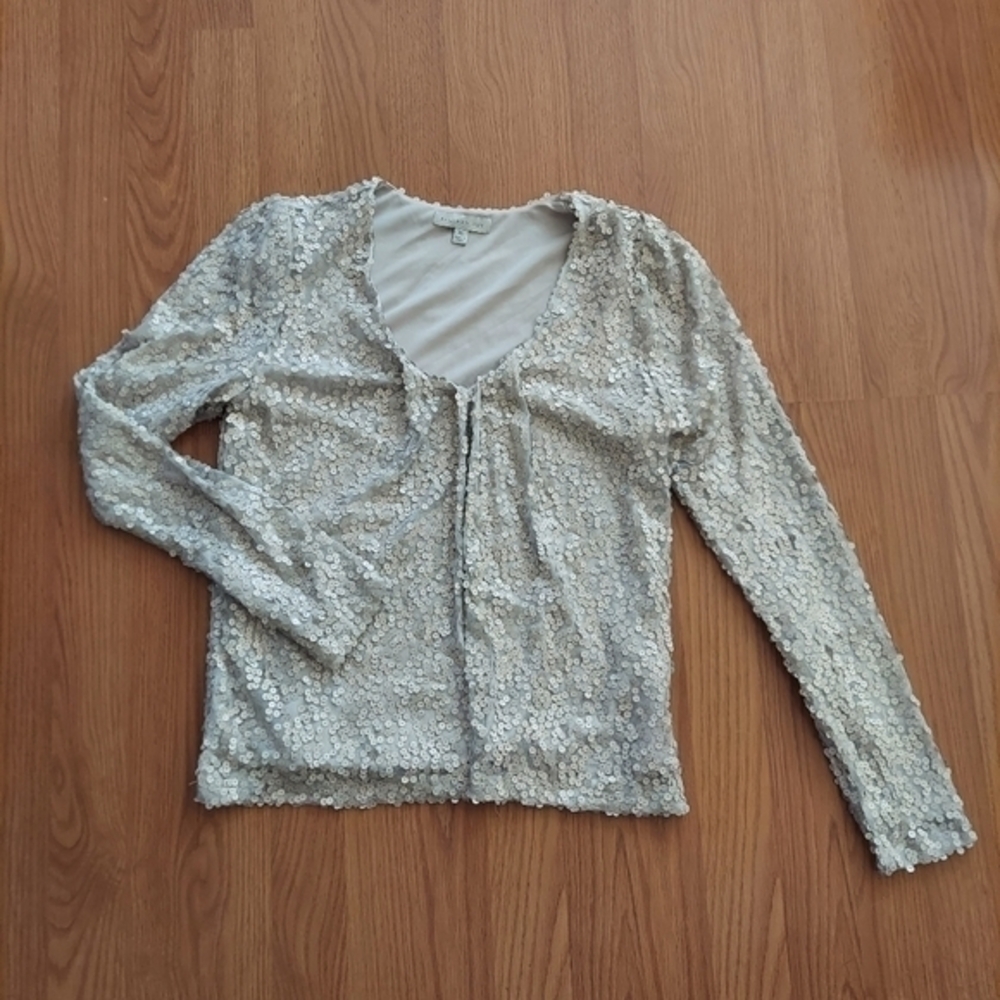 Allison Joy Women's XS Grey Silver Sequin Top Long Sleeve V-Neck
